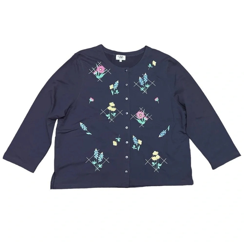 Vintage Floral C&K Designs Navy Embroidered Cardigan Grandmacore Retro Size 3X